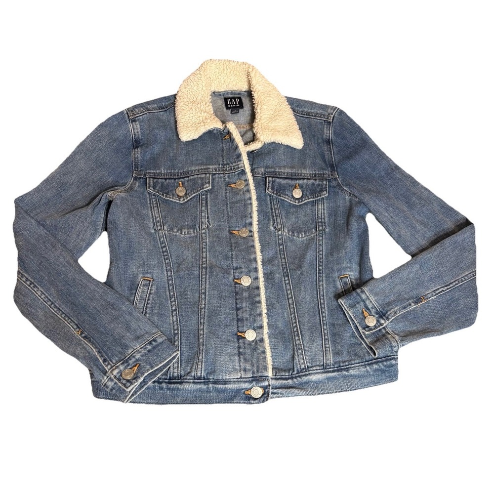 GAP Sherpa Lined Denim Trucker Jacket Blue Women's Size Medium Classic Outdoor